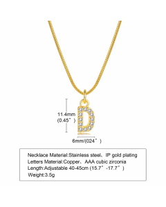Letter D Stainless Steel Plating Inlay Zircon 18K Gold Plated Necklace Pendant