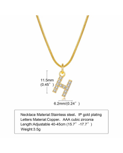 Letter H Stainless Steel Plating Inlay Zircon 18K Gold Plated Necklace Pendant