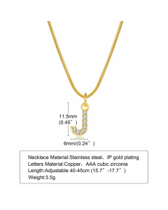 Letter J Stainless Steel Plating Inlay Zircon 18K Gold Plated Necklace Pendant
