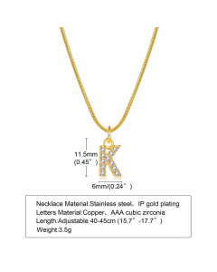 Letter K Stainless Steel Plating Inlay Zircon 18K Gold Plated Necklace Pendant