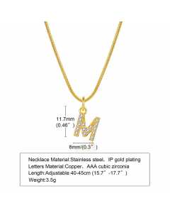 Letter M Stainless Steel Plating Inlay Zircon 18K Gold Plated Necklace Pendant