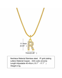 Letter R Stainless Steel Plating Inlay Zircon 18K Gold Plated Necklace Pendant