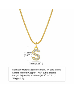 Letter S Stainless Steel Plating Inlay Zircon 18K Gold Plated Necklace Pendant