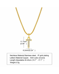 Letter T Stainless Steel Plating Inlay Zircon 18K Gold Plated Necklace Pendant