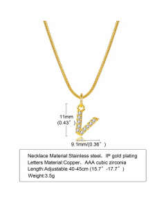 Letter V Stainless Steel Plating Inlay Zircon 18K Gold Plated Necklace Pendant