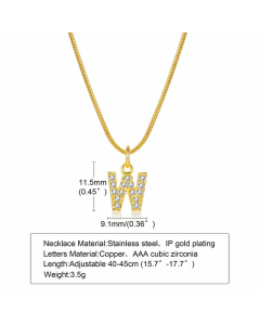 Letter W Stainless Steel Plating Inlay Zircon 18K Gold Plated Necklace Pendant