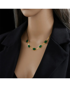 Retro Oval Titanium Steel Plating Inlay Artificial Gemstones 18K Gold Plated Necklace