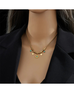 Vintage Style Round Titanium Steel Plating Inlay Turquoise 18K Gold Plated Pendant Necklace