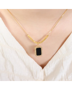 French Style Shiny Rectangle Titanium Steel Plating Inlay Acrylic Artificial Diamond 18K Gold Plated Pendant Necklace