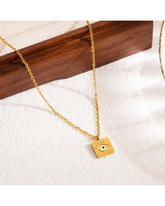 White Devil's Eye Square Stainless Steel Enamel 18K Gold Plated Pendant Necklace