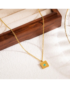 Blue Devil's Eye Square Stainless Steel Enamel 18K Gold Plated Pendant Necklace