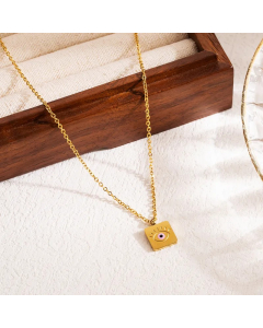 Pink Devil's Eye Square Stainless Steel Enamel 18K Gold Plated Pendant Necklace