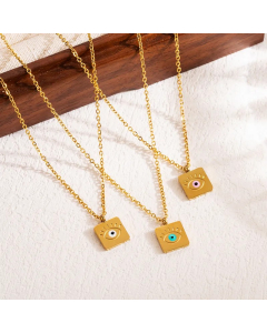 Casual Devil's Eye Square Stainless Steel Enamel 18K Gold Plated Pendant Necklace