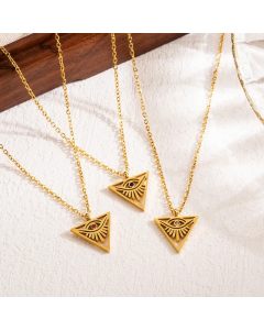Modern Style Triangle Devil's Eye Stainless Steel Hollow Out Zircon 18K Gold Plated Pendant Necklace