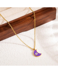 Purple  Devil's Eye Moon Stainless Steel Enamel Three-Dimensional 18K Gold Plated Pendant Necklace