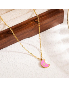 Pink Devil's Eye Moon Stainless Steel Enamel Three-Dimensional 18K Gold Plated Pendant Necklace