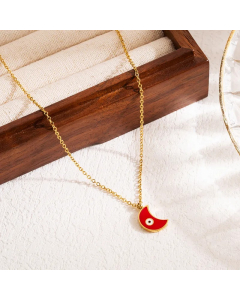 Red Devil's Eye Moon Stainless Steel Enamel Three-Dimensional 18K Gold Plated Pendant Necklace