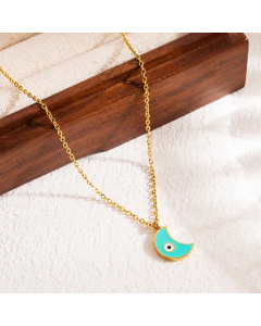 Blue Devil's Eye Moon Stainless Steel Enamel Three-Dimensional 18K Gold Plated Pendant Necklace