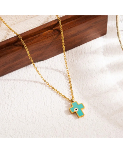 Modern Style Cross Eye Stainless Steel Enamel Three-Dimensional 18K Gold Plated Pendant Necklace