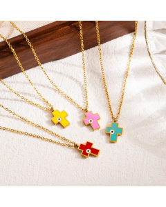 Modern Style Cross Eye Stainless Steel Enamel Three-Dimensional 18K Gold Plated Pendant Necklace_colorza_4