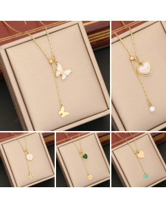 Retro Heart Shape Butterfly Stainless Steel Plating Inlay Pearl Pendant Necklace_colorza_5