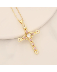Shiny Cross Stainless Steel Copper Inlay Zircon Pendant Necklace