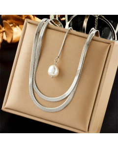 Elegant Geometric Titanium Steel Inlay Artificial Pearls 18K Gold Plated Layered Necklaces