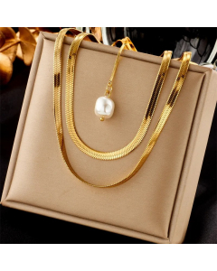 Elegant Geometric Titanium Steel Inlay Artificial Pearls 18K Gold Plated Layered Necklaces_colorza_4