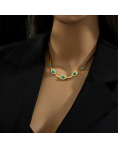 Retro Oval Titanium Steel Inlay Turquoise 18K Gold Plated Necklace