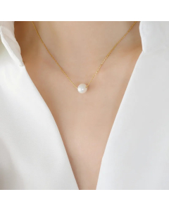 Gold Color Round Freshwater Pearl Titanium Steel 18K Gold Plated Pendant Necklace