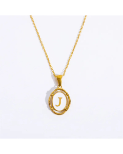 Letter J Oval Titanium Steel Plating 18K Gold Plated Pendant Necklace Long Necklace