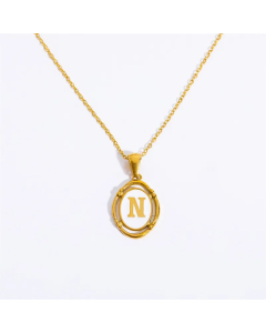 Letter N Oval Titanium Steel Plating 18K Gold Plated Pendant Necklace Long Necklace