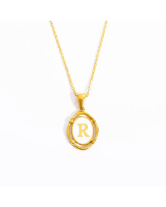 Letter R Oval Titanium Steel Plating 18K Gold Plated Pendant Necklace Long Necklace