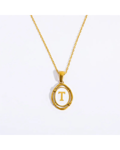 Letter T Oval Titanium Steel Plating 18K Gold Plated Pendant Necklace Long Necklace