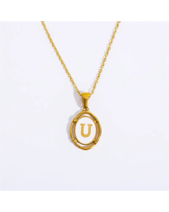 Letter U Oval Titanium Steel Plating 18K Gold Plated Pendant Necklace Long Necklace
