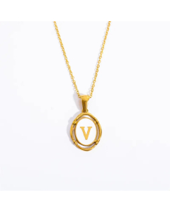 Letter V Oval Titanium Steel Plating 18K Gold Plated Pendant Necklace Long Necklace