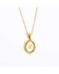 Letter W Oval Titanium Steel Plating 18K Gold Plated Pendant Necklace Long Necklace
