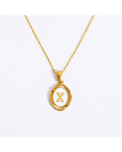 Letter X Oval Titanium Steel Plating 18K Gold Plated Pendant Necklace Long Necklace