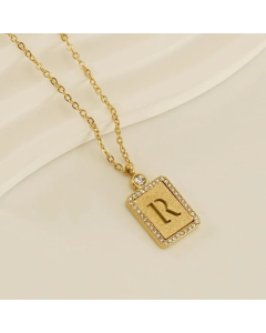 Modern Style Letter R Titanium Steel Plating Inlay Rhinestones 18K Gold Plated Pendant Necklace
