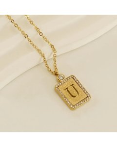 Modern Style Letter U Titanium Steel Plating Inlay Rhinestones 18K Gold Plated Pendant Necklace