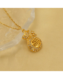 Chinoiserie Modern Style Lucky Bag Stainless Steel Plating Inlay Rhinestones 18K Gold Plated Pendant Necklace