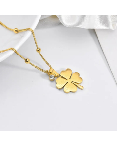 Elegant Four Leaf Clover Titanium Steel Inlay Artificial Diamond 18K Gold Plated Pendant Necklace
