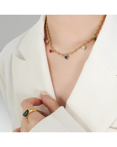 Luxurious Shiny Heart Shape Titanium Steel Inlay Zircon 18K Gold Plated Necklace