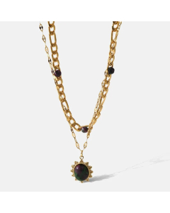 Retro Oval Stainless Steel Layered Plating Inlay Natural Stone 18K Gold Plated Pendant Necklace