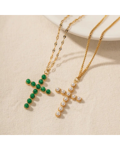 Modern Style Cross Stainless Steel Plating Inlay Pearl Stone 18K Gold Plated Pendant Necklace_colorza_1