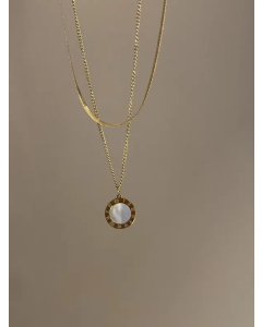 Wholesale Stainless Steel Necklace Round Number Gemstones Gold Plated Layered Necklaces-White
