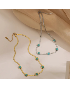 Retro Square Titanium Steel Plating Inlay Turquoise 18K Gold Plated Necklace