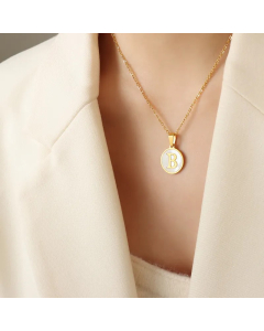 Letter B Titanium Steel Plating Inlay Shell 18K Gold Plated Pendant Necklace