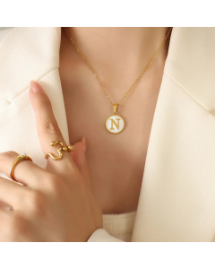 Letter N Titanium Steel Plating Inlay Shell 18K Gold Plated Pendant Necklace