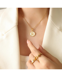 Letter R Titanium Steel Plating Inlay Shell 18K Gold Plated Pendant Necklace